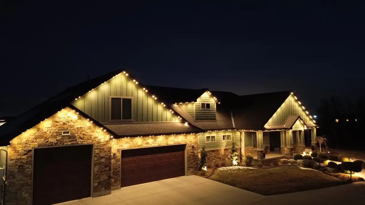 Permanent architectural lighting on a Colonial-style home