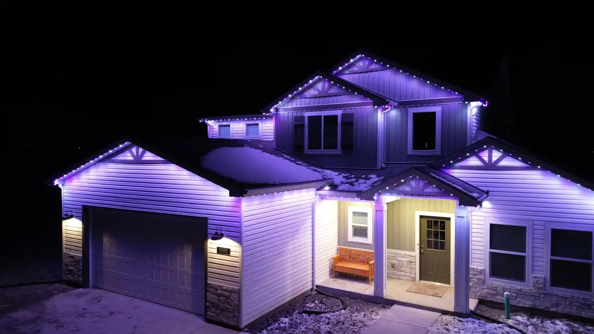 Professional holiday lighting display on a Camden SC home at night