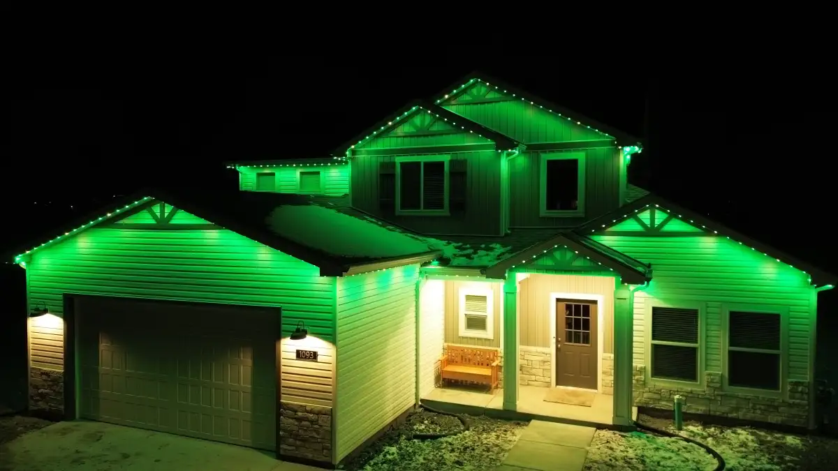 Colorful holiday lighting installation by TruLight of the Midlands