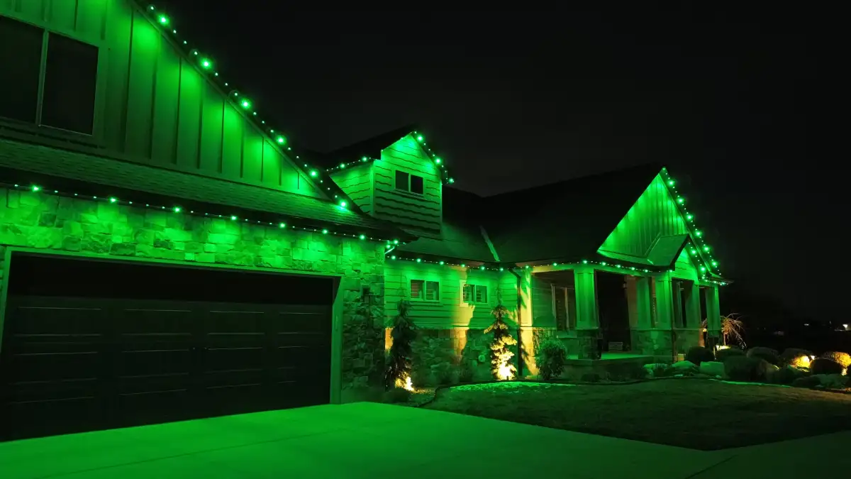 Festive holiday lights illuminating a home exterior